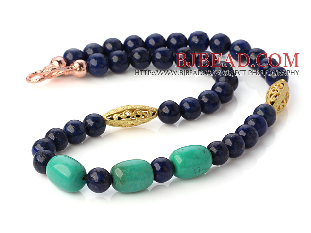 Pretty Round Lapis And Green Turquoise Beaded Necklace With Hollow Gold Plated Ball