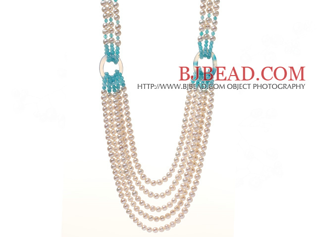 Fashion Multi Strands Link Style White Freshwater Pearl Blue Jade And Hollow Agate Beads Necklace