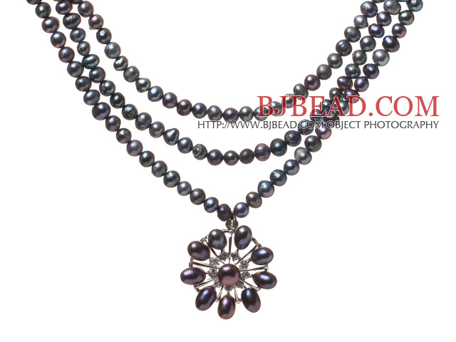 Fashion Three-Strand Natural Black Freshwater Pearl Zircon Pendant Necklace