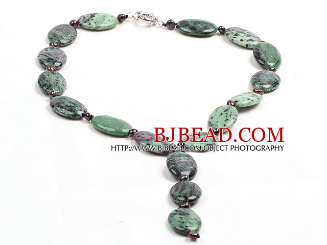 Vintage Color Y Shape Natural Freshwater Pearl Oval Zoisite Necklace