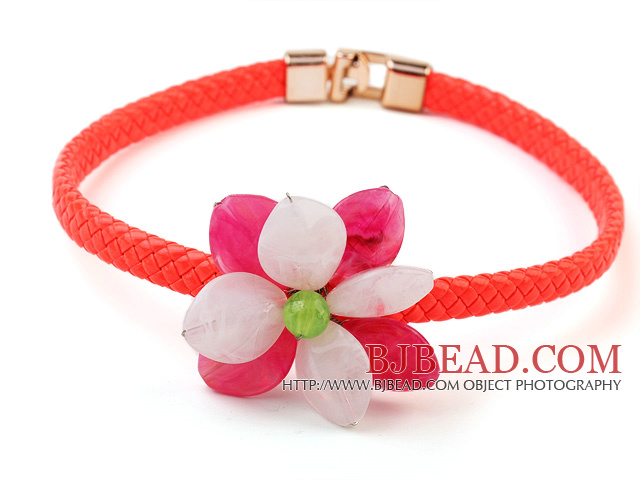 Lovely Pink And Rose Acrylic Flower Choker Necklace With Orange Leather