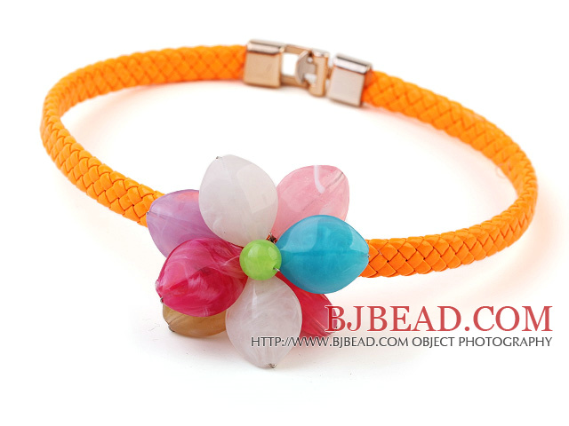 Lovely Single Colorful Acrylic Flower Choker Necklace With Orange Leather