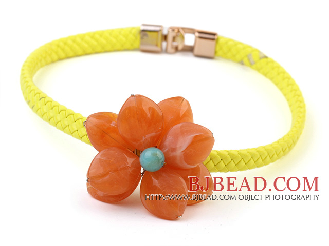 Lovely Single Orange Acrylic Flower Choker Necklace With Yellow Leather