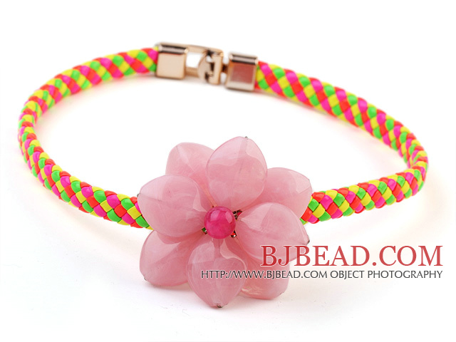 Lovely Single Pink Acrylic Flower And Colorful Leather Choker Necklace
