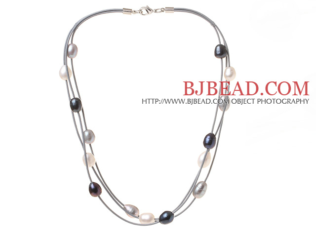 Fashion Multi Strand Multi Color 10-11mm Natural Freshwater Pearl Necklace With Gray Leather