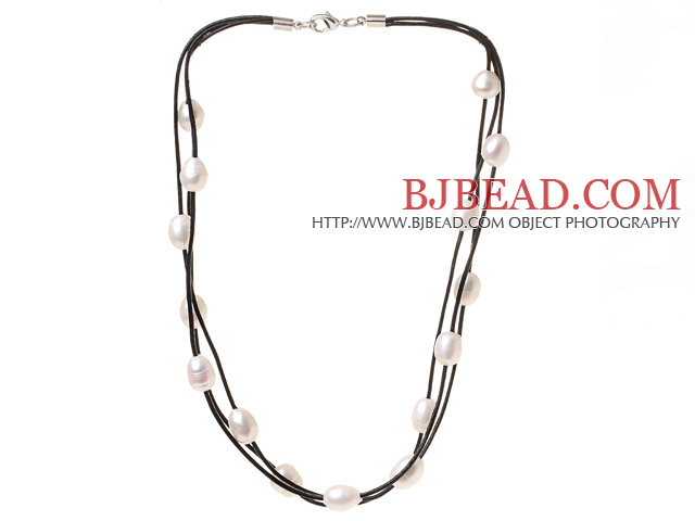 Fashion Multi Strands Natural 10-11mm White Freshwater Pearl Necklace With Black Leather