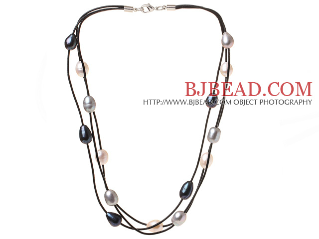 Fashion Multi Strand Multi Color 10-11mm Natural Freshwater Pearl Necklace With Black Leather