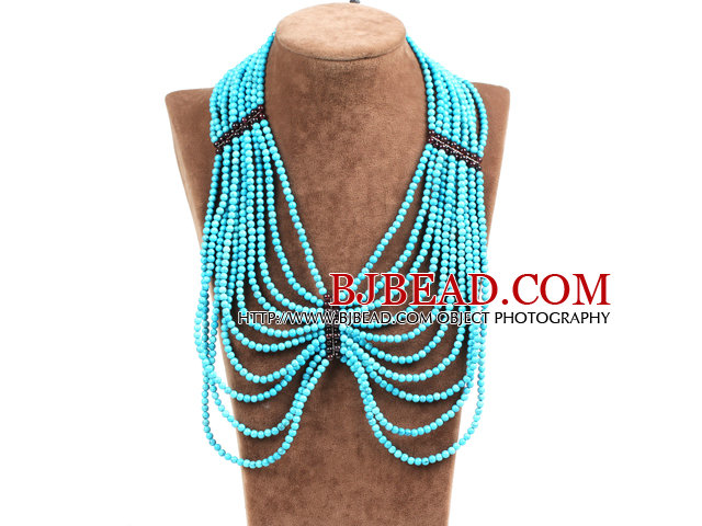 Splendid Statement Multi Strand Blue Turquoise Beads African Wedding Necklace