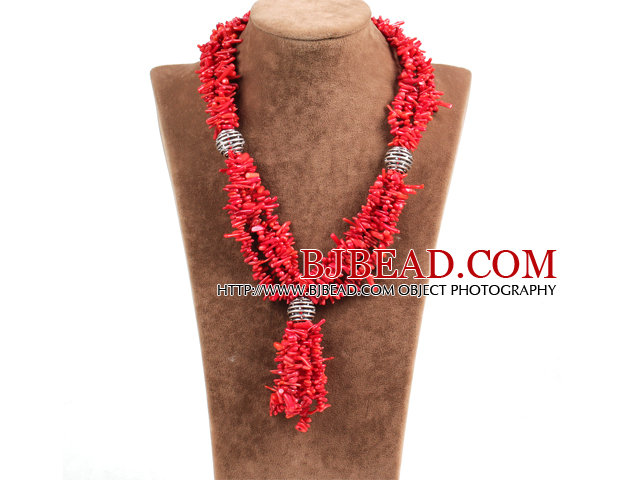 Nice Y Shape Bright Red Coral Chips Necklace with Alloyed Ball Accessory
