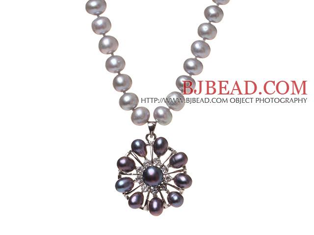 Fashion Natural Gray Freshwater Pearl Strand Necklace With Dark Purple Pearl Rhinestone Pendant (No Box)