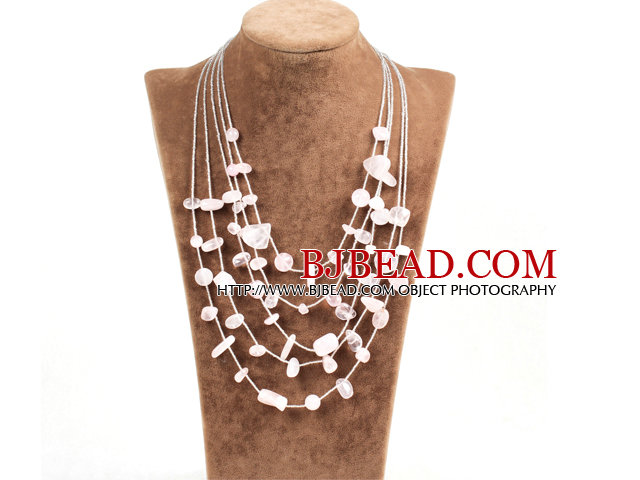Graceful Multi Strand Irregular Shape Rose Quartz Party Necklace