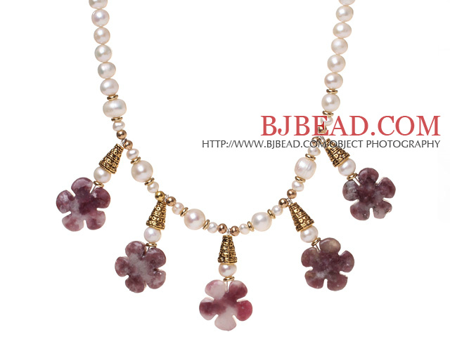 Pretty Natural White Freshwater Pearl And Purple Jade Flower Pendant Necklace With Gold Charms