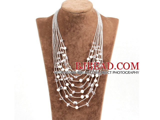 Graceful Multi Strand Irregular Shape Clear Crystal Natural White Freshwater Pearl Party Necklace
