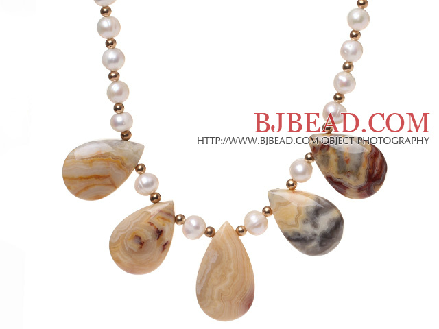 Beautiful Natural White Freshwater Pearl And Nut Shape Banded Agate Strand Necklace With S Clasp