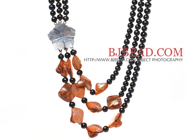 Fashion Three Strands Natural Black Freshwater Pearl And Orange Shell Necklace With Flower Clasp