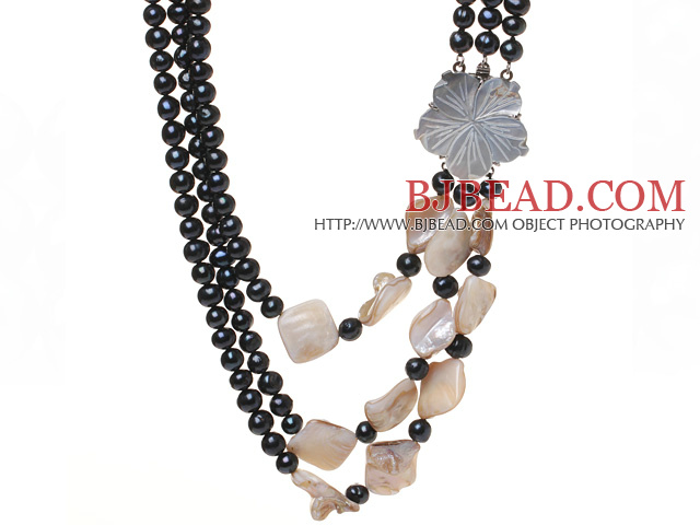 Fashion Three Strands Natural Black Freshwater Pearl And White Shell Necklace With Flower Clasp