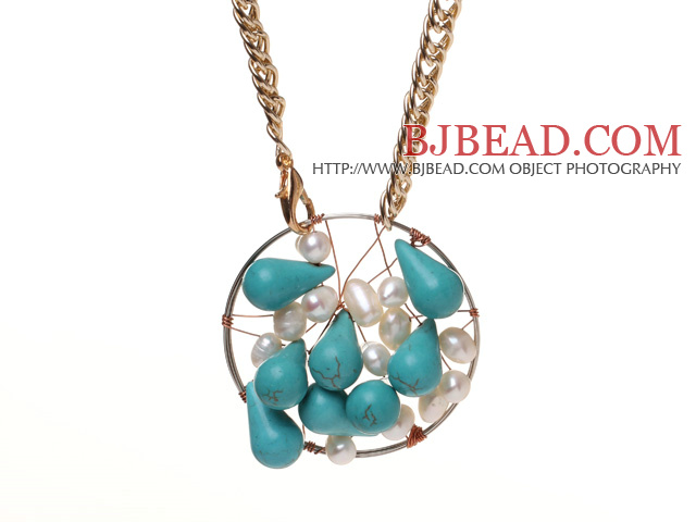 Fashion Wired Crochet Teardrop Greent Turquoise And White Freshwater Pearl Pendant Necklace With Nice Gold Loop Chain