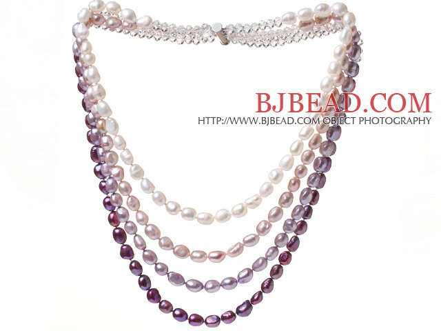 Fashion Multi Strands White Purple Baroque Freshwater Pearl And White Crystal Beads Necklace With Magnetic Clasp