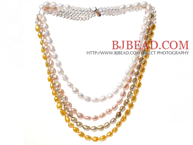 Fashion Multi Strands Multi Color Baroque Freshwater Pearl And White Crystal Beads Necklace With Magnetic Clasp