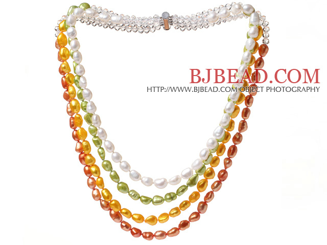 Fashion Multi Strands Multi Color Baroque Freshwater Pearl And White Crystal Beads Necklace With Magnetic Clasp