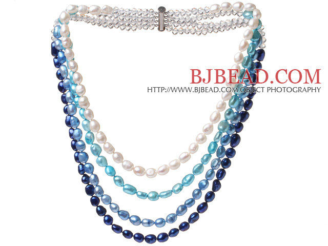 Nice Multi Strands White And Blue Series Baroque Freshwater Pearl And White Crystal Beads Necklace With Magnetic Clasp