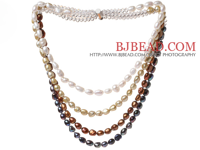 Nice Four Strands Multi Color Baroque Freshwater Pearl And White Crystal Beads Necklace With Magnetic Clasp