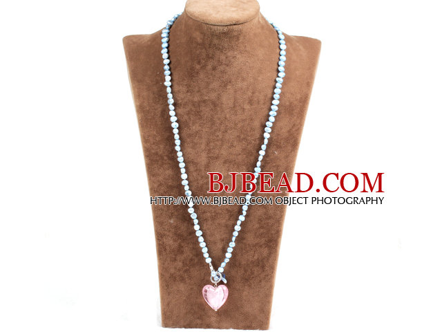 Fashion Natural Light Blue Freshwater Pearl Pink Colored Glaze Heart Pendant Necklace