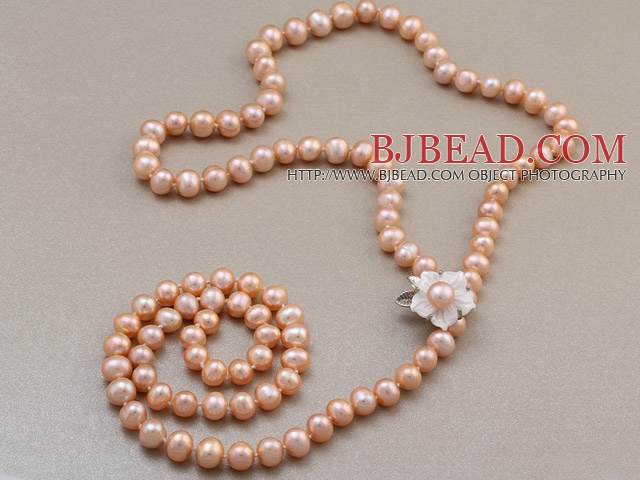 Fashion Long Style 8-9mm Natural Pink Freshwater Pearl Beads Necklace With Shell Flower Magnetic Clasp