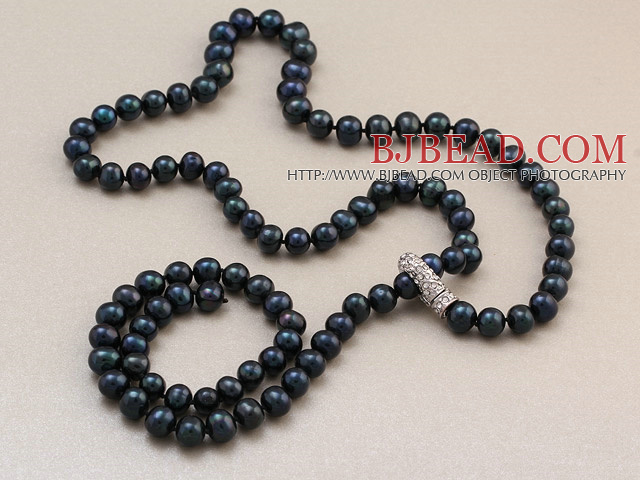 Fashion Long Style 8-9mm Natural Black Freshwater Pearl Beads Necklace With Rhinestone Magnetic Clasp