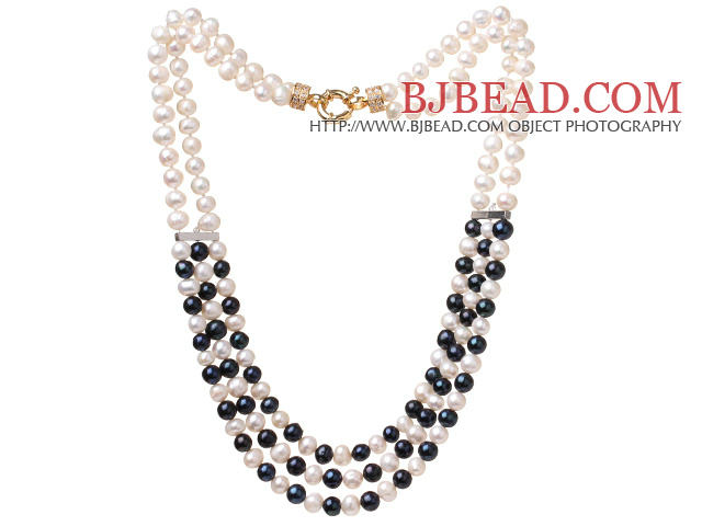 Fashion Multi Strands Natural 7-8mm Black And White Freshwater Pearl Necklace With Gold Moonight Clasp