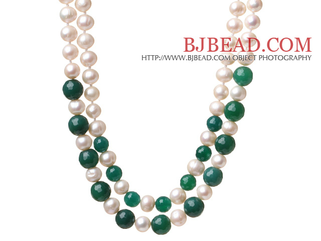 Fashion Double Strands Natural White Freshwater Pearl And Faceted Round Green Agate Knotted Beads Necklace