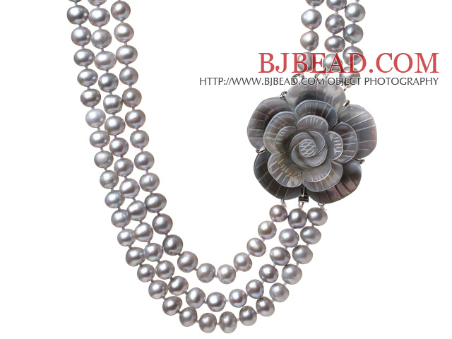 Fashion Three Strands 8-9mm Natural Grey Freshwater Pearl Necklace With Shell Flower Clasp (No Box)