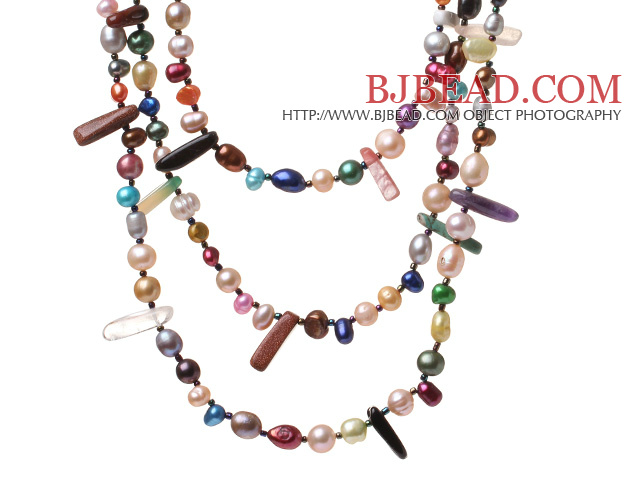Fashin Three Strands Multi Colorful Pearl And Irregular Stone Necklace With Hook Clasp (No Box)