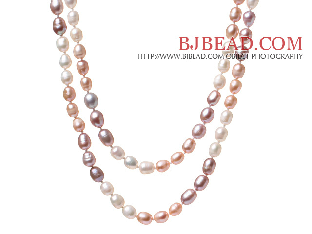 Beautiful Long Design 6-7mm Natural White Pink And Purple Beads Necklace, Sweater Necklace (No Box)