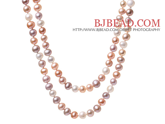 Beautiful Long Design 7-8mm Natural White Pink And Purple Beads Necklace, Sweater Necklace (No Box)