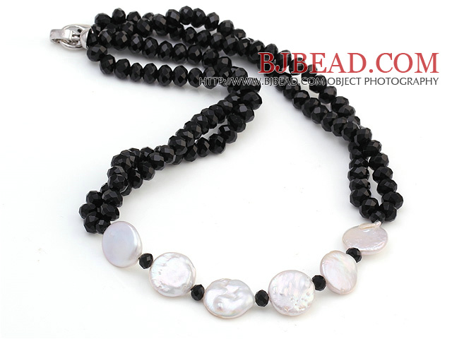 Lovely White Coin Pearl And Faceted Black Crystal String&Strand Necklace