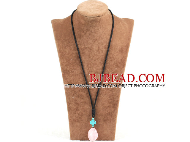 Simple Fashion Turquoise Cross Charm Irregular Shape Rose Quartz Pendant Necklace