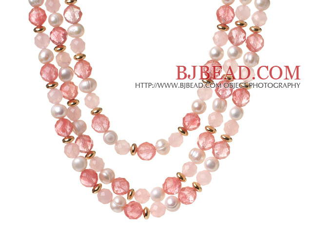 Popular Three Strands White Freshwater Pearl And Faceted Rose Cherry Quartz Beads Necklace