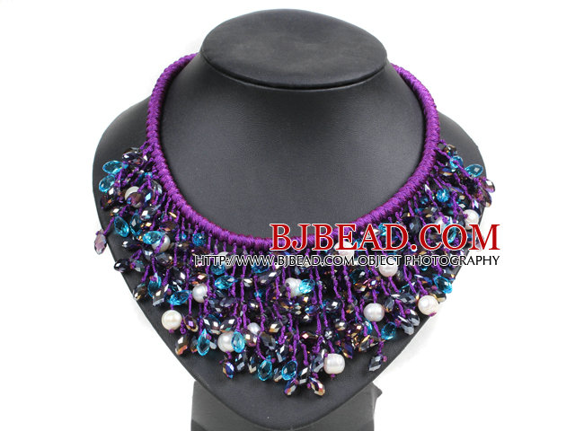 Marvelous Statement Purple Series Natural White Freshwater Pearl Crystal Hand-Knitted Bib Necklace