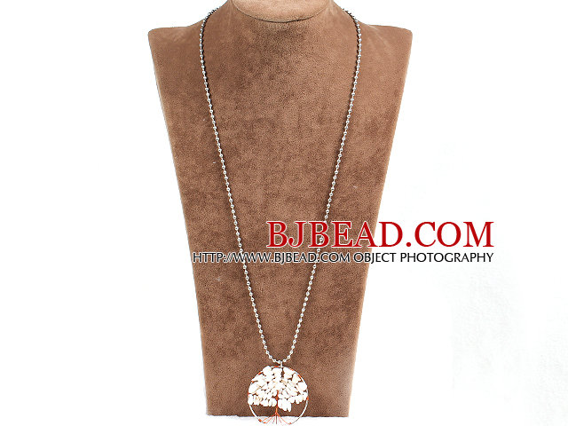 Fashion Large Loop Wired Crochet Natural White Shell Chips Wishing Tree Pendant Necklace With Alloyed Chain