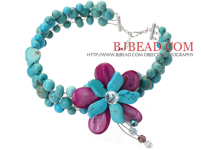 Nice Wired Crochet Multilayer Blue And Green Turquoise And Purple Shell Crystal Flower Necklace