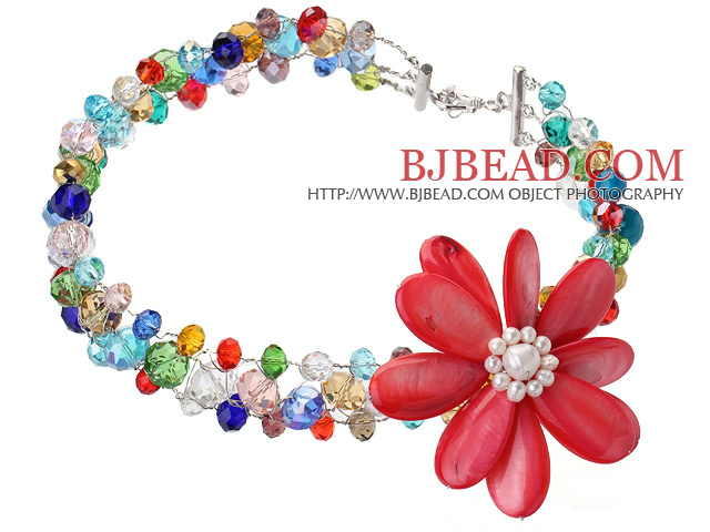 Fashion Wired Crochet Multilayer Colorful Crystal And Red Shell White Pearl Flower Necklace