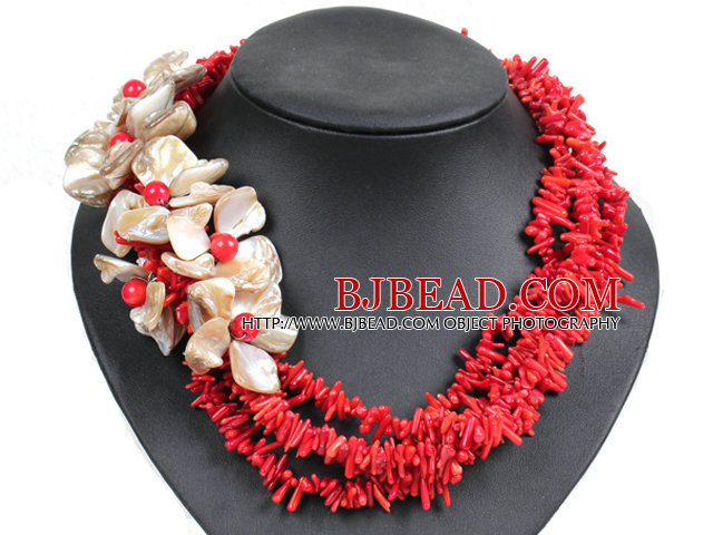 Fantastic Beautiful Multi Strand Twisted Red Coral Chips Natural Shell Flower African Wedding Necklace