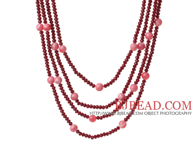 Nice Multi Strands Rose Jade Crystal And Round Rhodochrosite Necklace With Magnetic Clasp