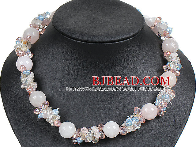 Hot Sale Gorgeous Round Rose Quartz Beads Cluster Blue Pearl Pink Crystal Choker Necklace