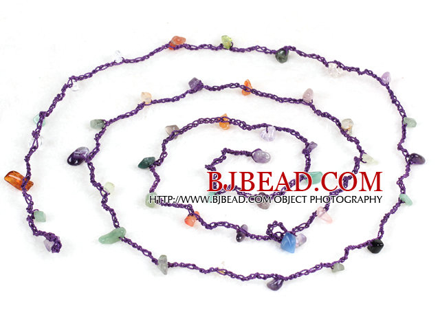 Pretty New Long Style Multi Color Gemstone Chips Purple Thread Necklace(Also can be Bracelet)