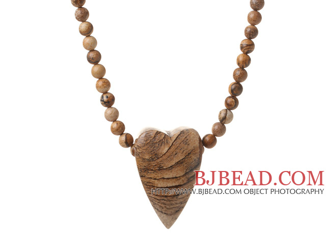 Lovely Single Strand Round Picture Jasper Necklace With Heart Shape Pendant