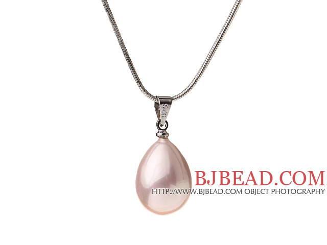 Lovely Pink Teardrop Seashell Pearl Dangling Pendant Metal Chain Necklace With Lobster Clasp