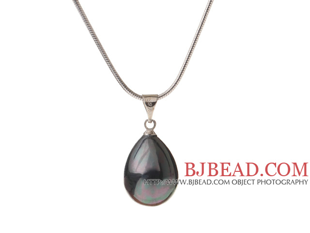 Lovely Black Teardrop Seashell Pearl Dangling Pendant Metal Chain Necklace With Lobster Clasp
