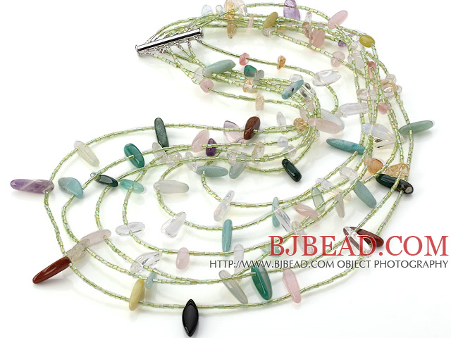 Fashion Multi Strand Crystal Aventurine Rose Quartz Citrine Chips Gemstone Necklace